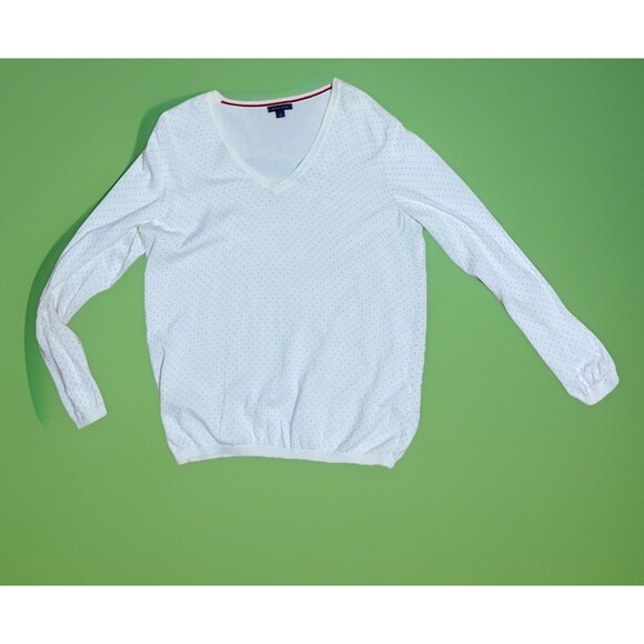 TOMMY HILFIGER WOMENS LIGHT SWEATER PULLOVER V-NECK POLKA DOT OFF WHITE SIZE L - Picture 4 of 6